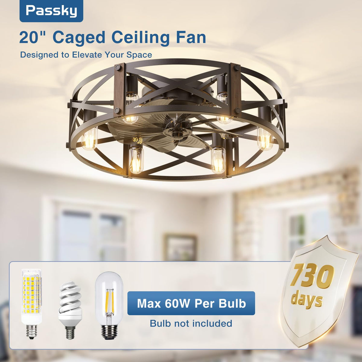 Passky 20" Caged Ceiling Fans with Lights and Remote, Low Profile Fandelier