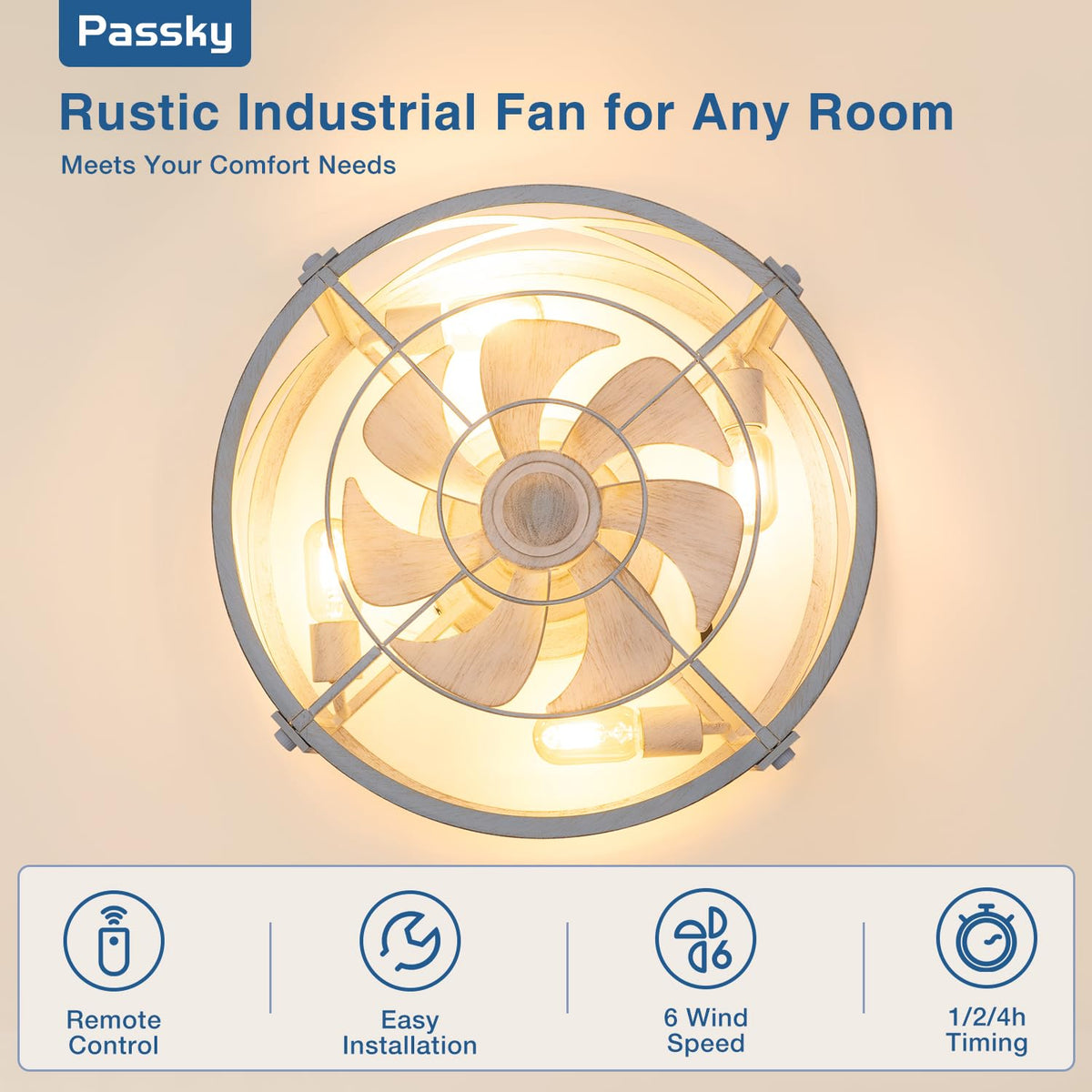 Passky 20" Caged Ceiling Fans with Lights and Remote, Low Profile Fandelier