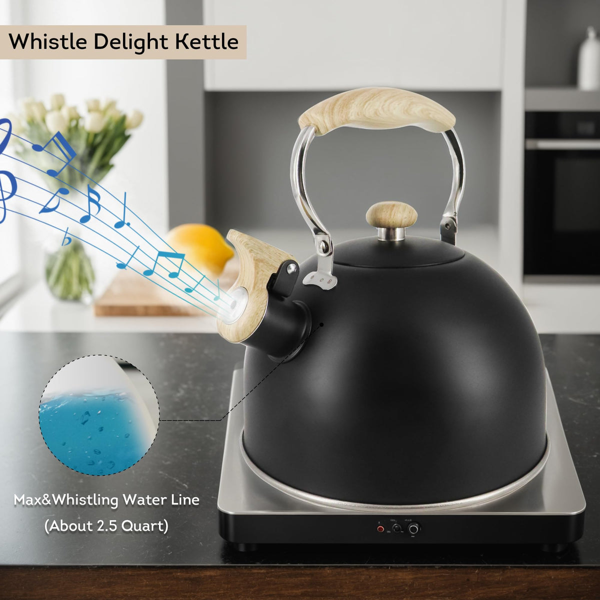 Lily's Home 2 Quart Stainless Steel Whistling Tea Kettle, the Perfect Stovetop Tea and Water Boilers for Your Home, Dorm, Condo or Apartment. (Blue)