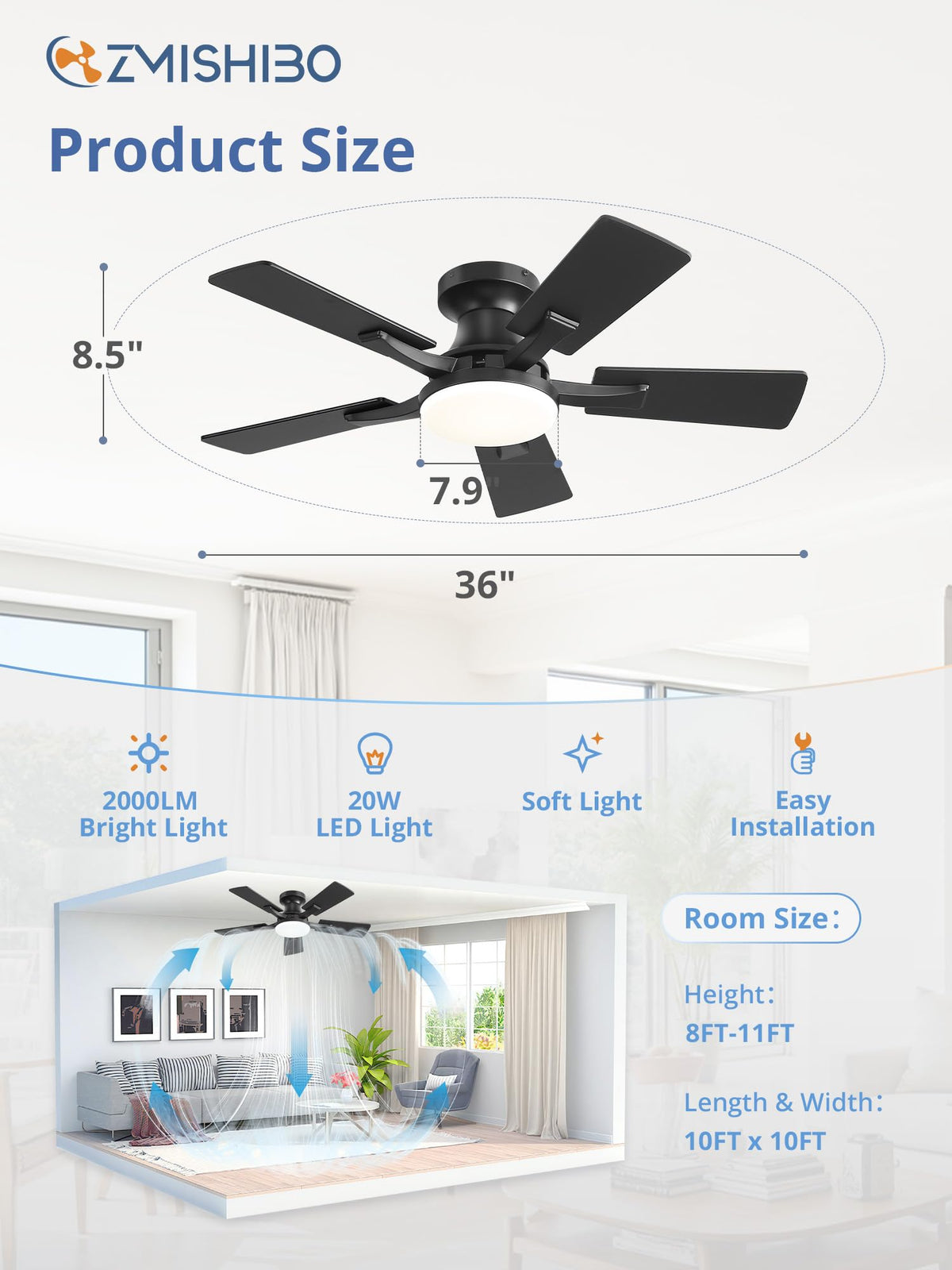 ZMISHIBO 52 Inch Ceiling Fans with Lights, Remote&App Control, Flush Mount