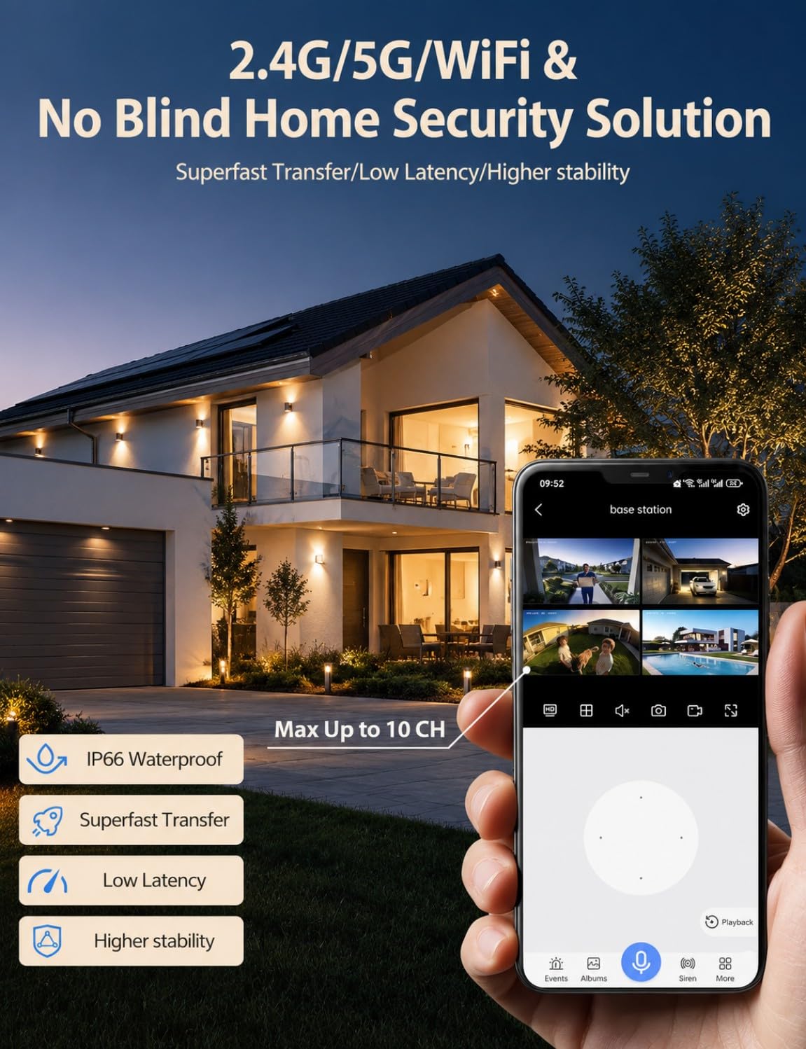 No Monthly Fee Solar Security Cameras Wireless Outdoor, home security systems,500GB HDD nvr security camera system No Subscription, 2.4G & 5G WiFi,2-Way Audio, 4MP, Color Night Vision, 360° View