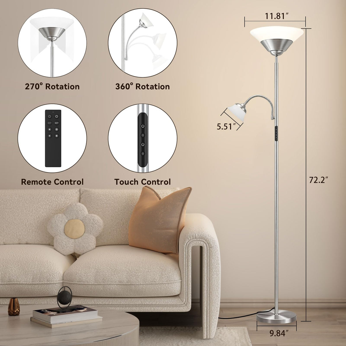 SIBRILLE 2-in-1 Torchiere Floor Lamp, 34W Super Bright LED Standing Lamp with Remote & Touch Control, 72" Dimmable Adjustable Corner Reading Lamp for Living Room, Bedroom, Office, Black