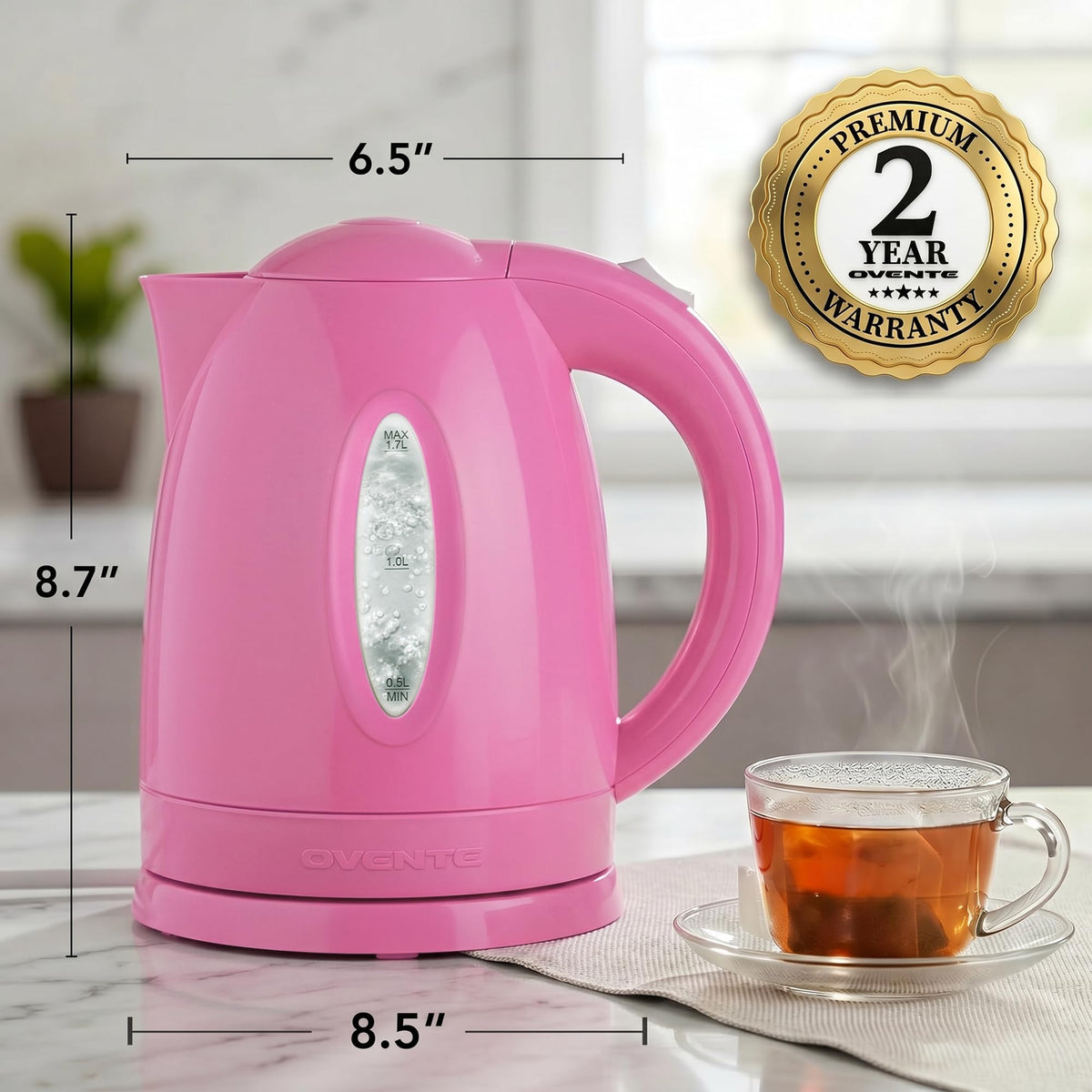 OVENTE 1.7L Electric Tea Kettle, Fast Boiling Water Heater, White KP72W