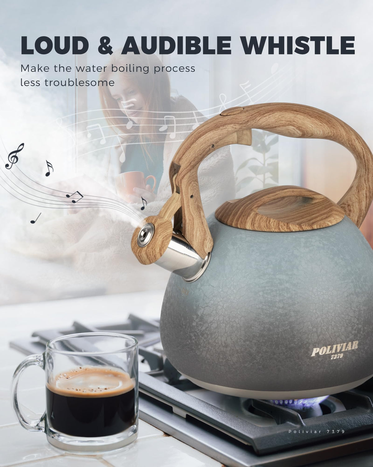 POLIVIAR Tea Kettle, 2.7 Quart Natural Stone Finish with Wood Pattern Handle Loud Whistle Food Grade Stainless Steel Teapot, Anti-Hot Handle and Anti-Rust, Suitable for All Heat Sources (JX2018-GR20)