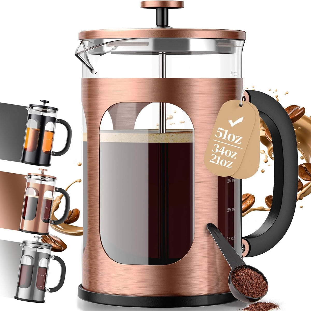 Veken 34oz French Press Coffee Maker, No Plastic Touching Cafe,1 L Cafetera