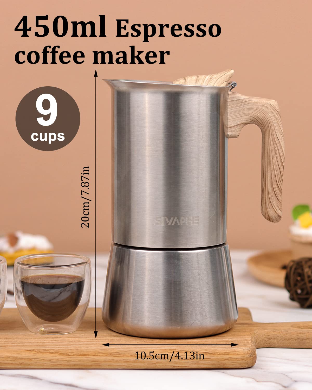 Sivaphe4 cups Stainless Steel Stovetop Espresso Coffee Maker | Induction Support 10 oz Intalian Moka Pot | Durable Cuban Coffee Maker 200ml(1 Cup=50ml)