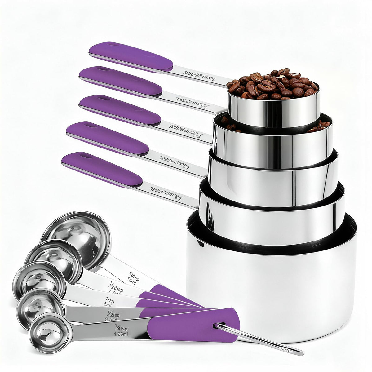 10-Pcs Stainless Steel Measuring Cups & Spoons Set, Colorful Handles