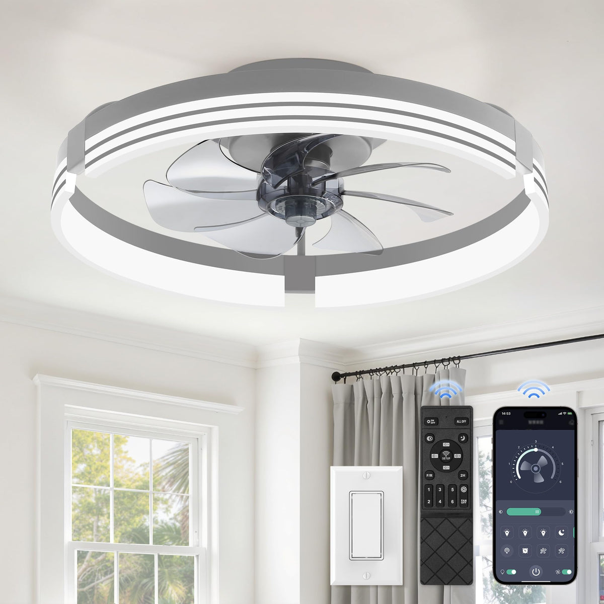ZMISHIBO Low Profile Ceiling Fans with Lights and Remote, 20" Black