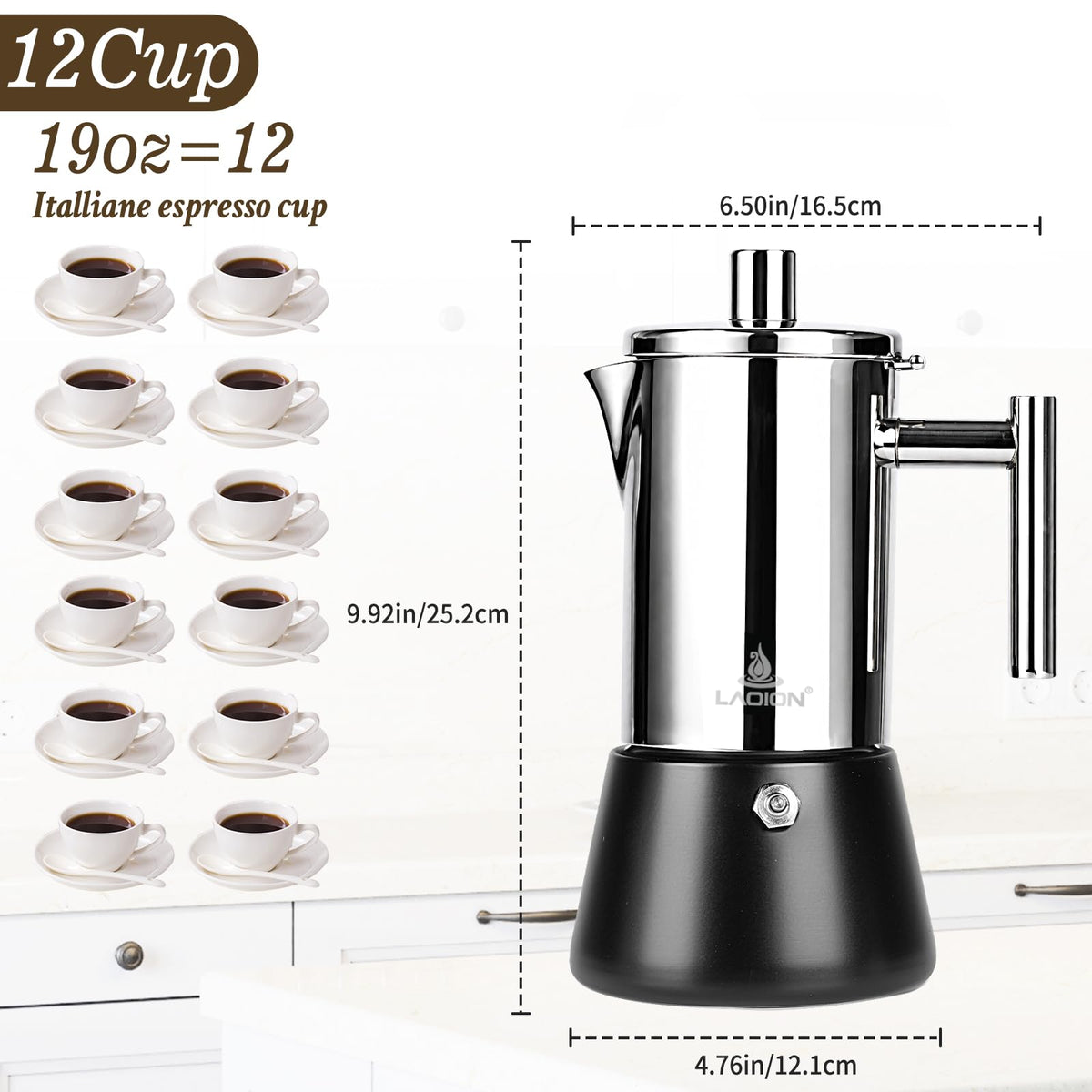 LAOION Stovetop Espresso Maker, 6Cup 10 oz Moka Pot, Stainless Steel