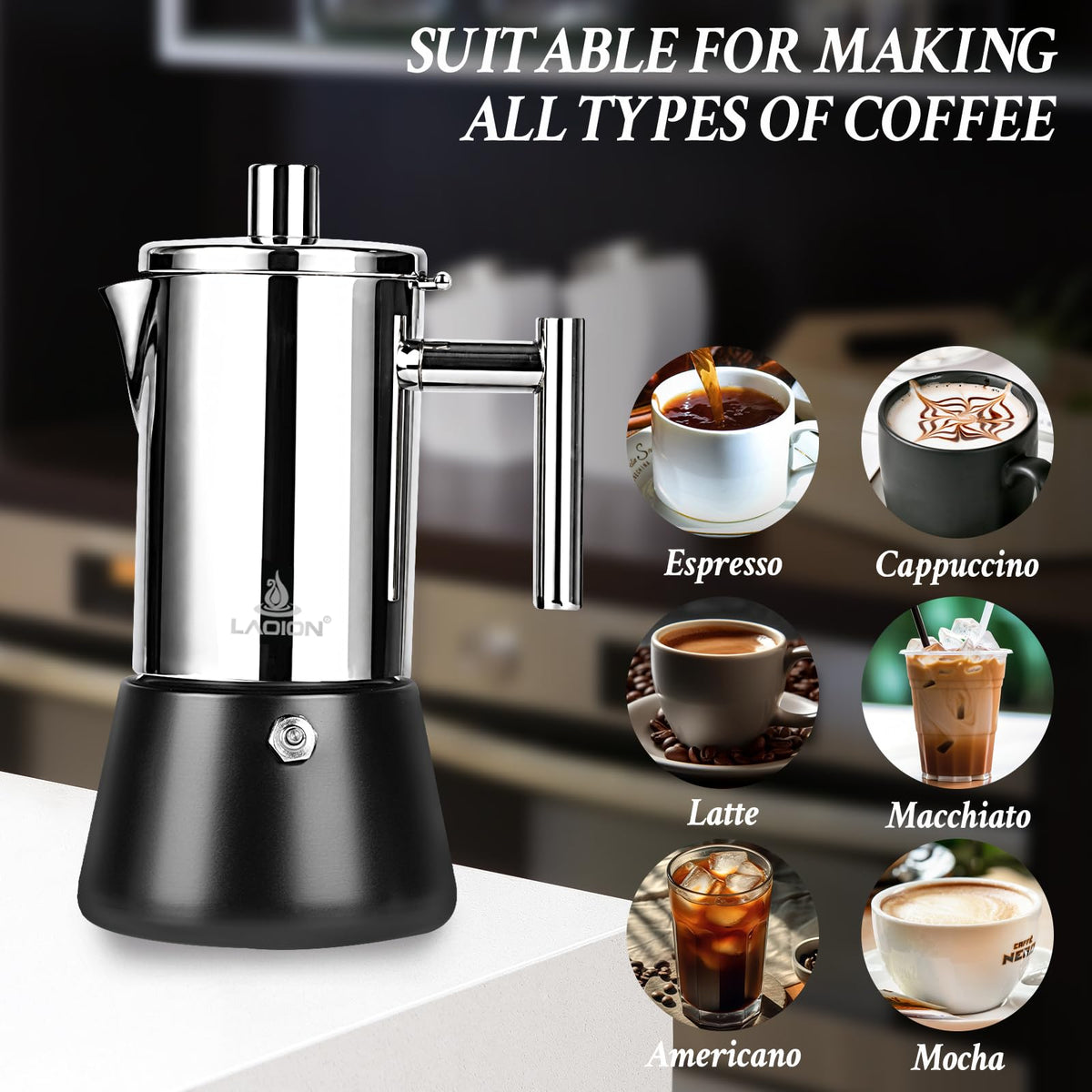LAOION Stovetop Espresso Maker, 6Cup 10 oz Moka Pot, Stainless Steel