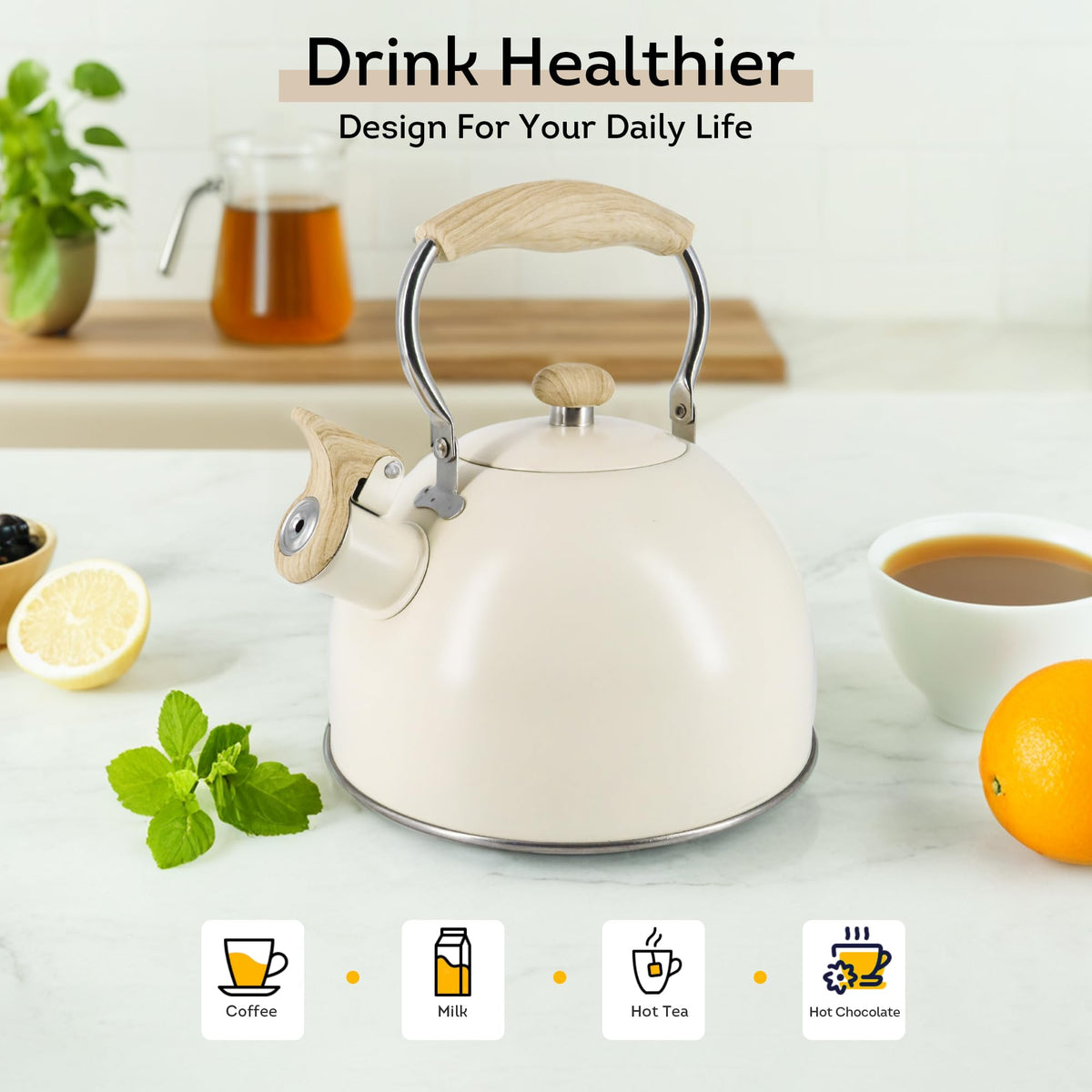Lily's Home 2 Quart Stainless Steel Whistling Tea Kettle, the Perfect Stovetop Tea and Water Boilers for Your Home, Dorm, Condo or Apartment. (Blue)