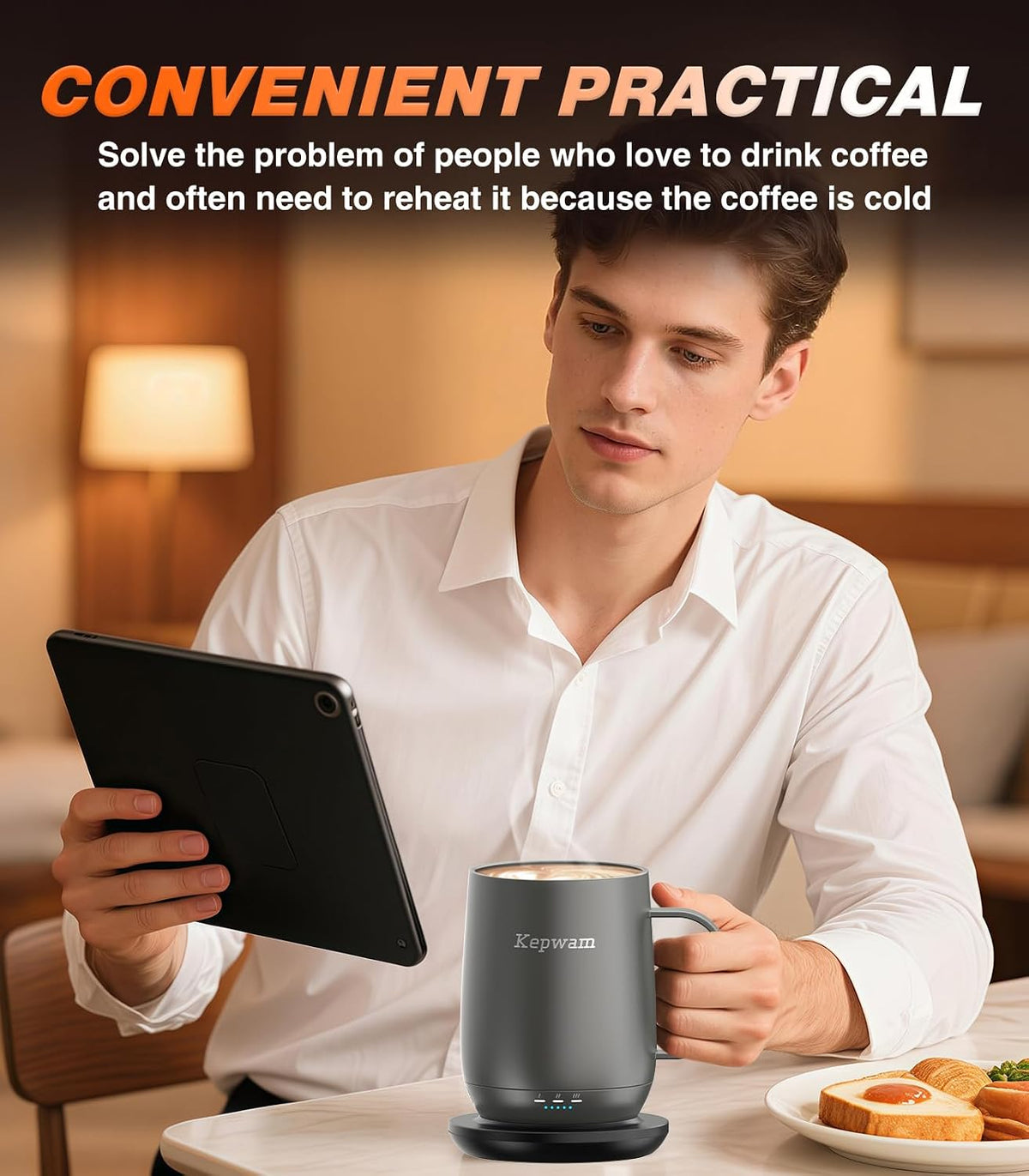 Kepwam Self-Heating Coffee Mug T2, 16oz Electric Heated Mug Hot Up to 149℉