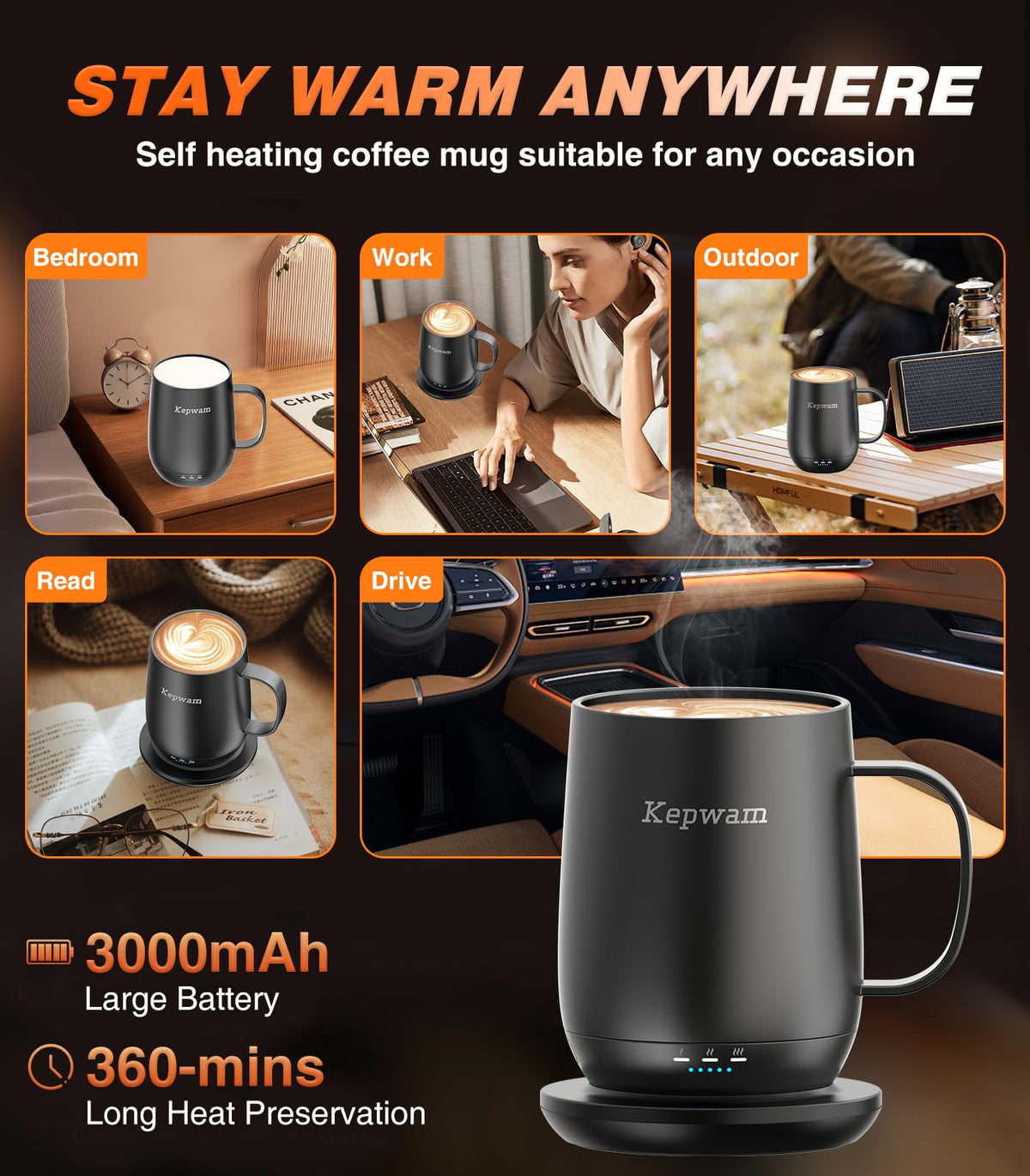 Kepwam Self-Heating Coffee Mug T2, 16oz Electric Heated Mug Hot Up to 149℉