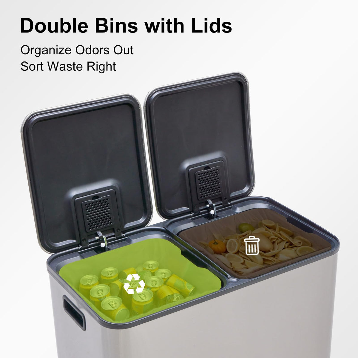 NEWBULIG 16 Gallon Dual Compartment Kitchen Trash Can, Stainless Steel, 60L