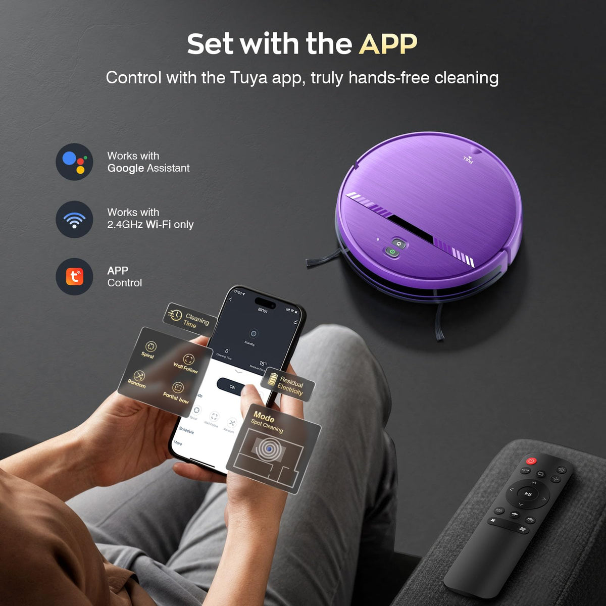 Robot Vacuum and Mop, Strong Suction, App Control, Pet Hair, Self-Charging