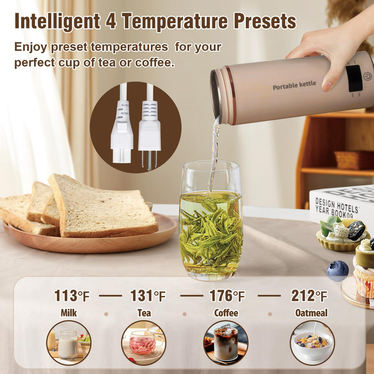 Portable Electric Kettle for Travel 120V, 13.5oz, 4 Temp Settings