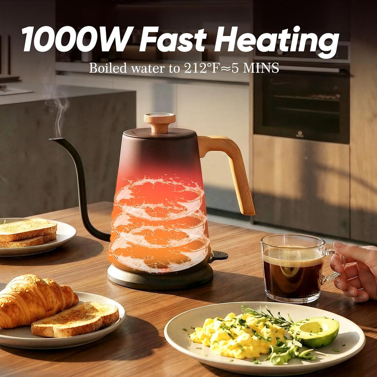 Nueve&Five Electric Gooseneck Kettle with Thermometer, 1.0L Pour Over Hot Water Kettle for Coffee and Tea, 1000W, Auto Shutoff, Boil-Dry Protection, Matte Black
