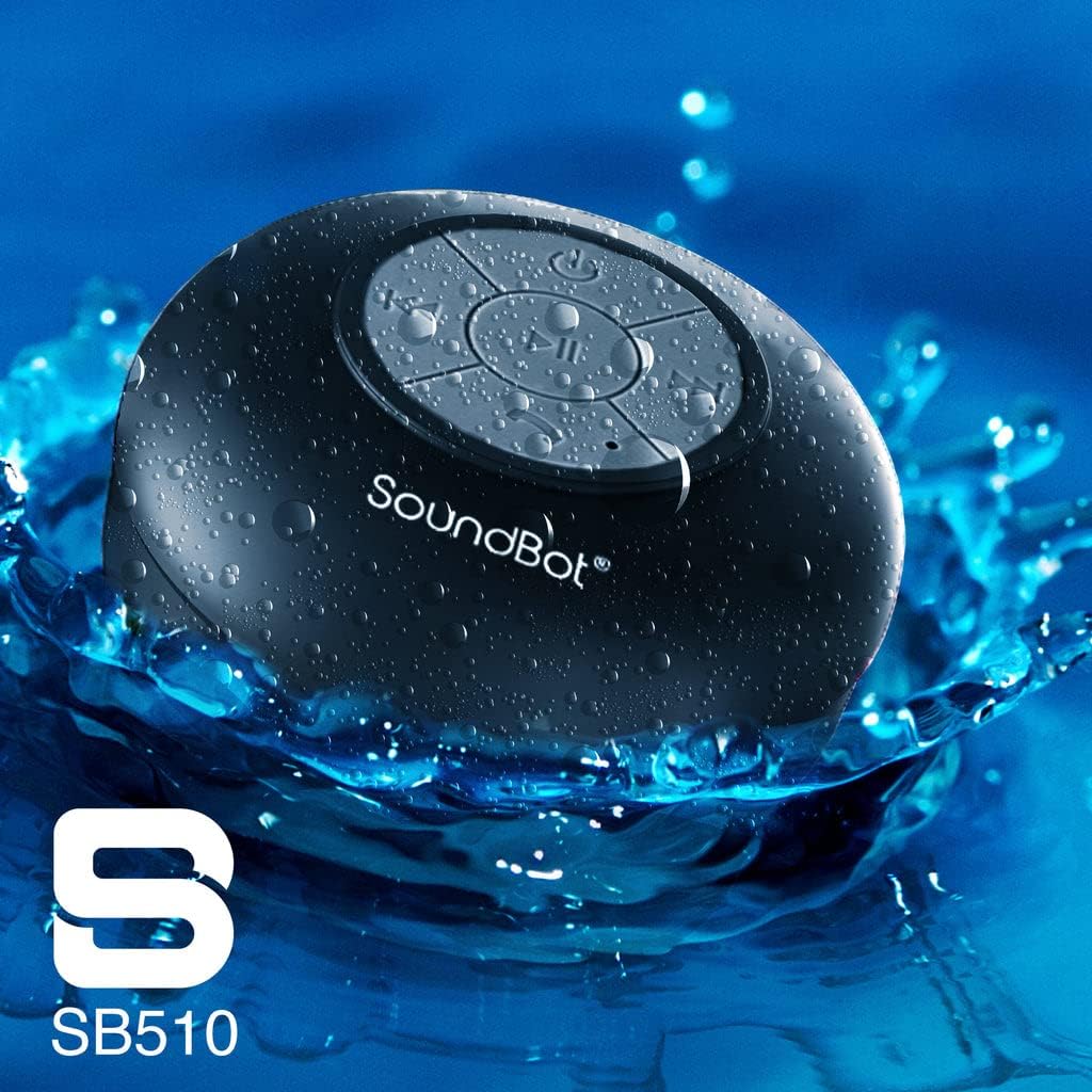 Soundbot® Waterproof Shower Speaker HD Water Resistant Bluetooth Handsfree Portable with Loud Clear Sounds 6+hrs of Playtime, Wireless Suction Cup Small Durable for Outdoors Travel Home SB510 (Black)
