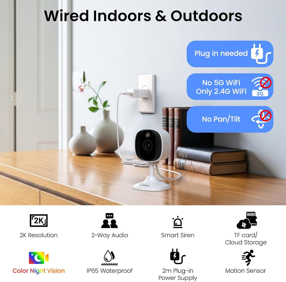 AOQEE 2K Cameras for Home Security, Indoor/Outdoor, Full Color, C1 2Pack