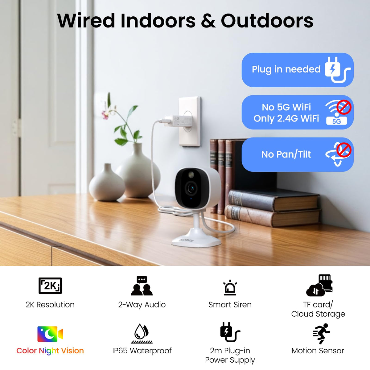 AOQEE 2K Cameras for Home Security, Indoor/Outdoor, Full Color, C1 2Pack