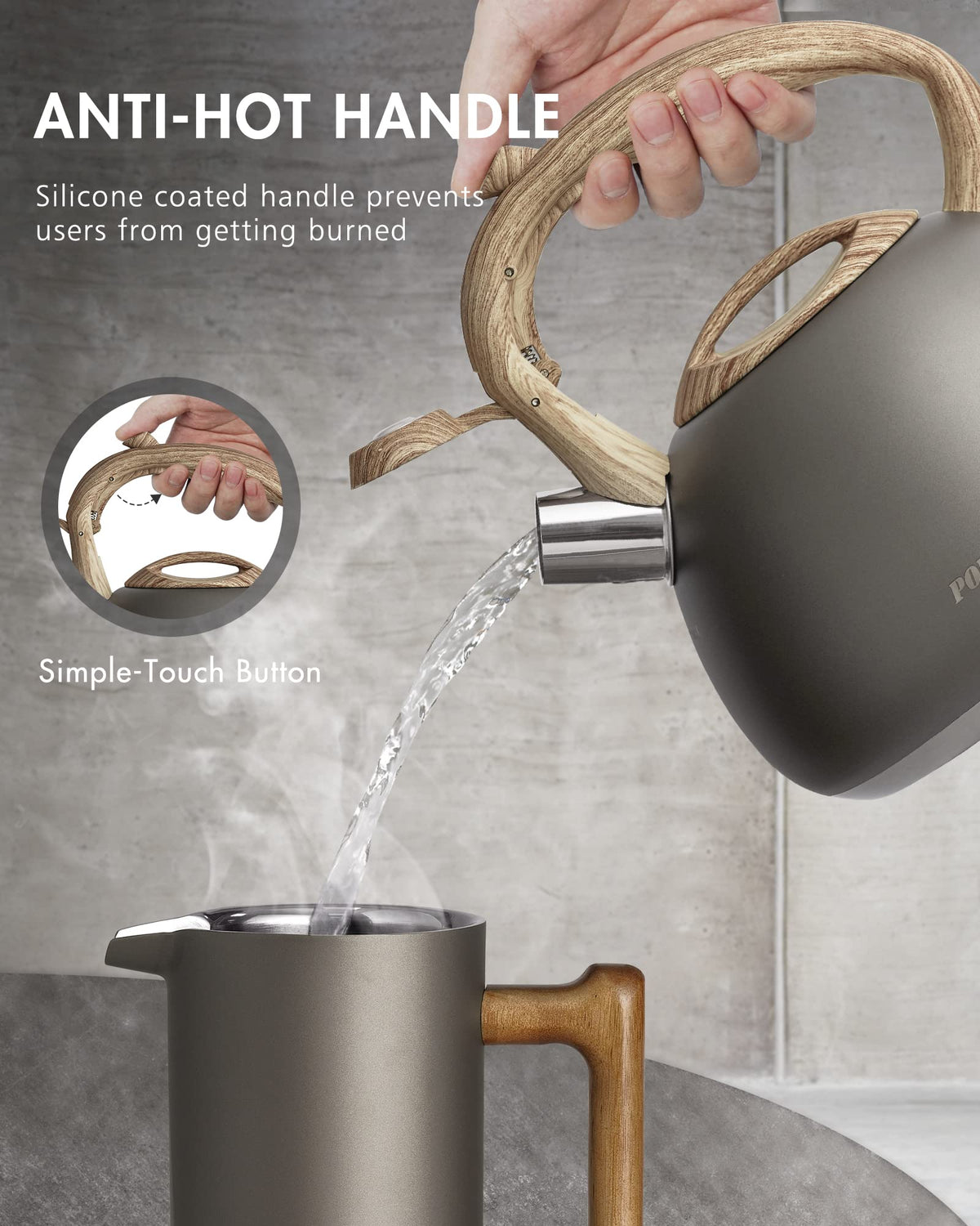 POLIVIAR Tea Kettle, 2.7 Quart Natural Stone Finish with Wood Pattern Handle Loud Whistle Food Grade Stainless Steel Teapot, Anti-Hot Handle and Anti-Rust, Suitable for All Heat Sources (JX2018-GR20)