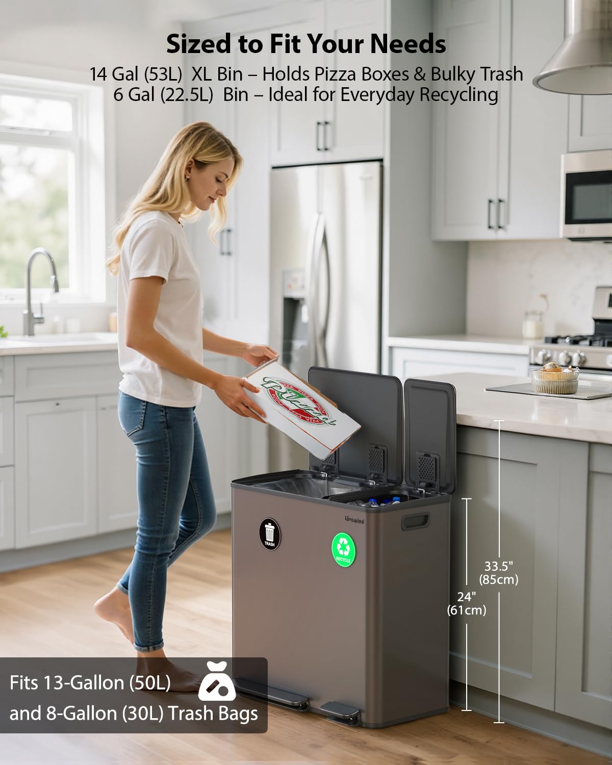 Lovewind Dual Trash and Recycling Bins for Kitchen, 2 * 11-Gallon Stainless Steel Double Trash Can, Step-On Garbage and Recycle Combo, Quiet Close, Pet-Proof, Compatible with 13-Gallon Bags, White