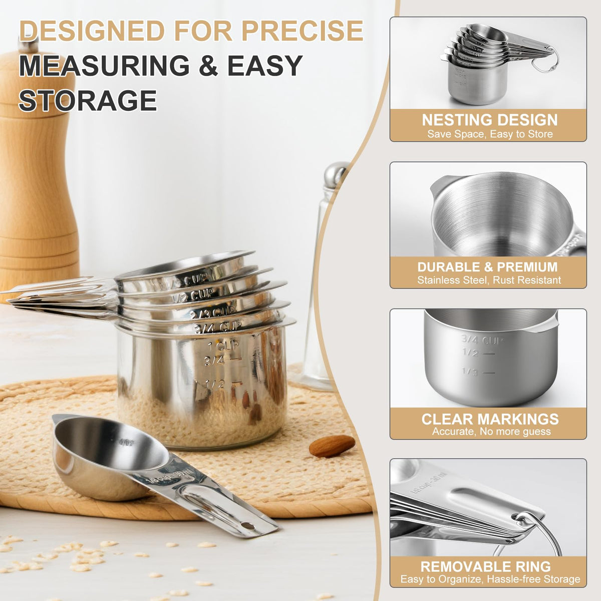 EWFEN Measuring Cups and Spoons Set, 7 Stainless Steel Nesting Measuring Cups & 7 Spoons, 5 Mini Measuring Spoons &1 Leveler, Kitchen Gadgets for Cooking & Baking, Square