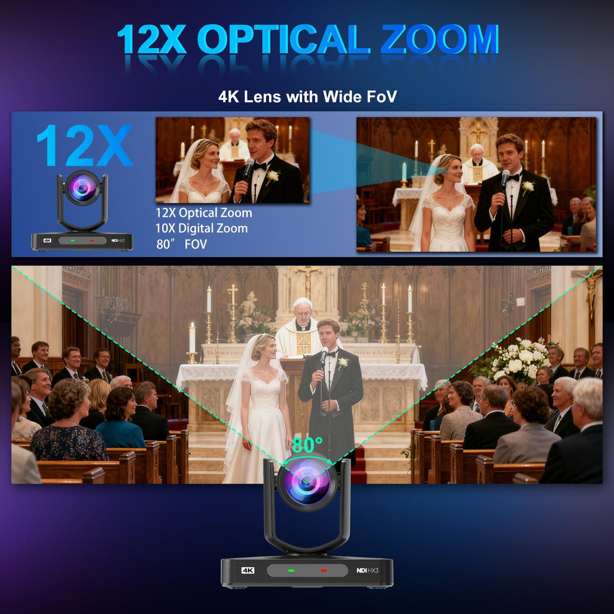 4K HDMI PTZ Camera NDI with 12X, SDI AI AUTO Tracking PTZ Camera with IP Live Streaming for Church Worship Live Events, PoE Support(AV4KN Silver)
