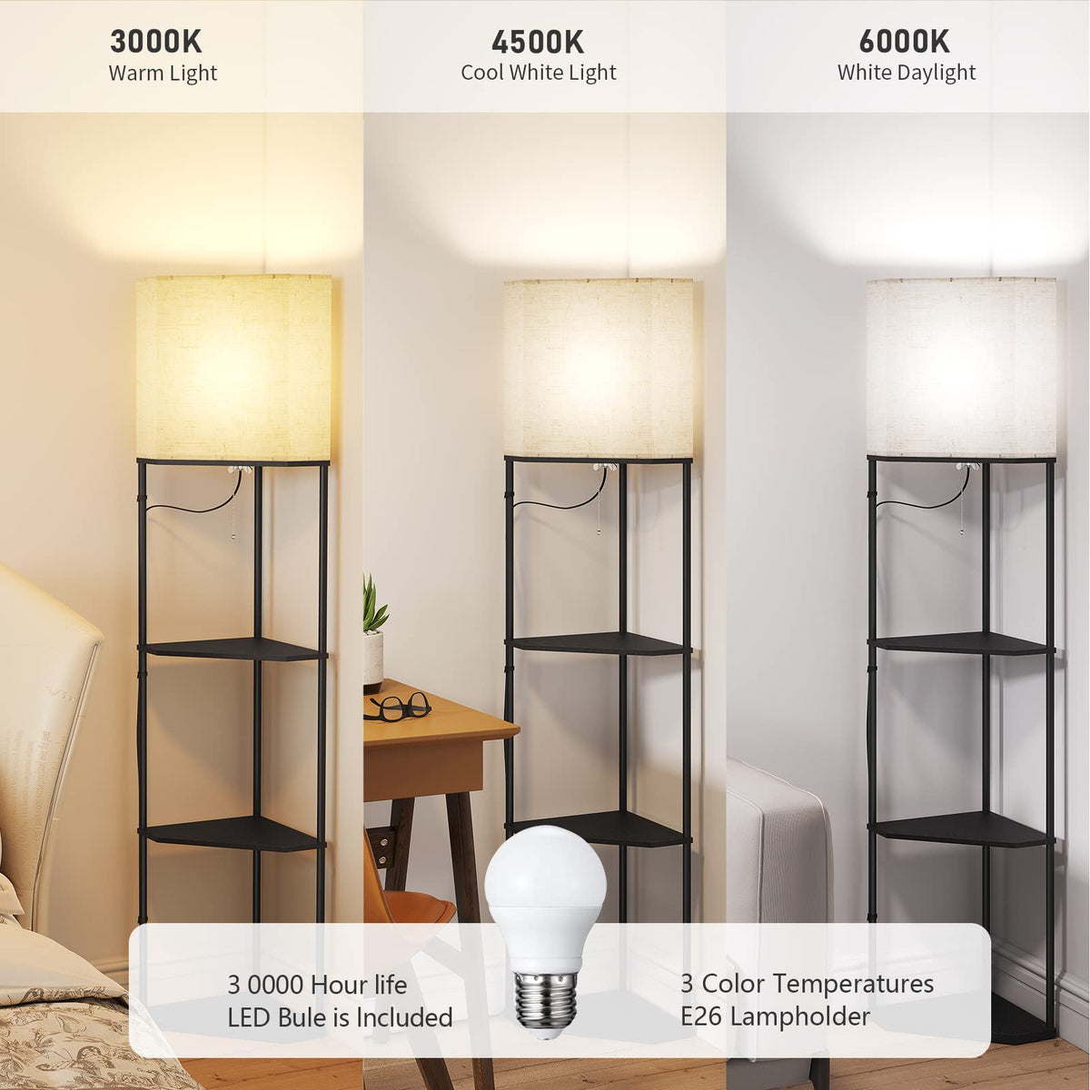 SUNMORY Floor Lamp with Shelves, Standing Lamps for Living Room, Black