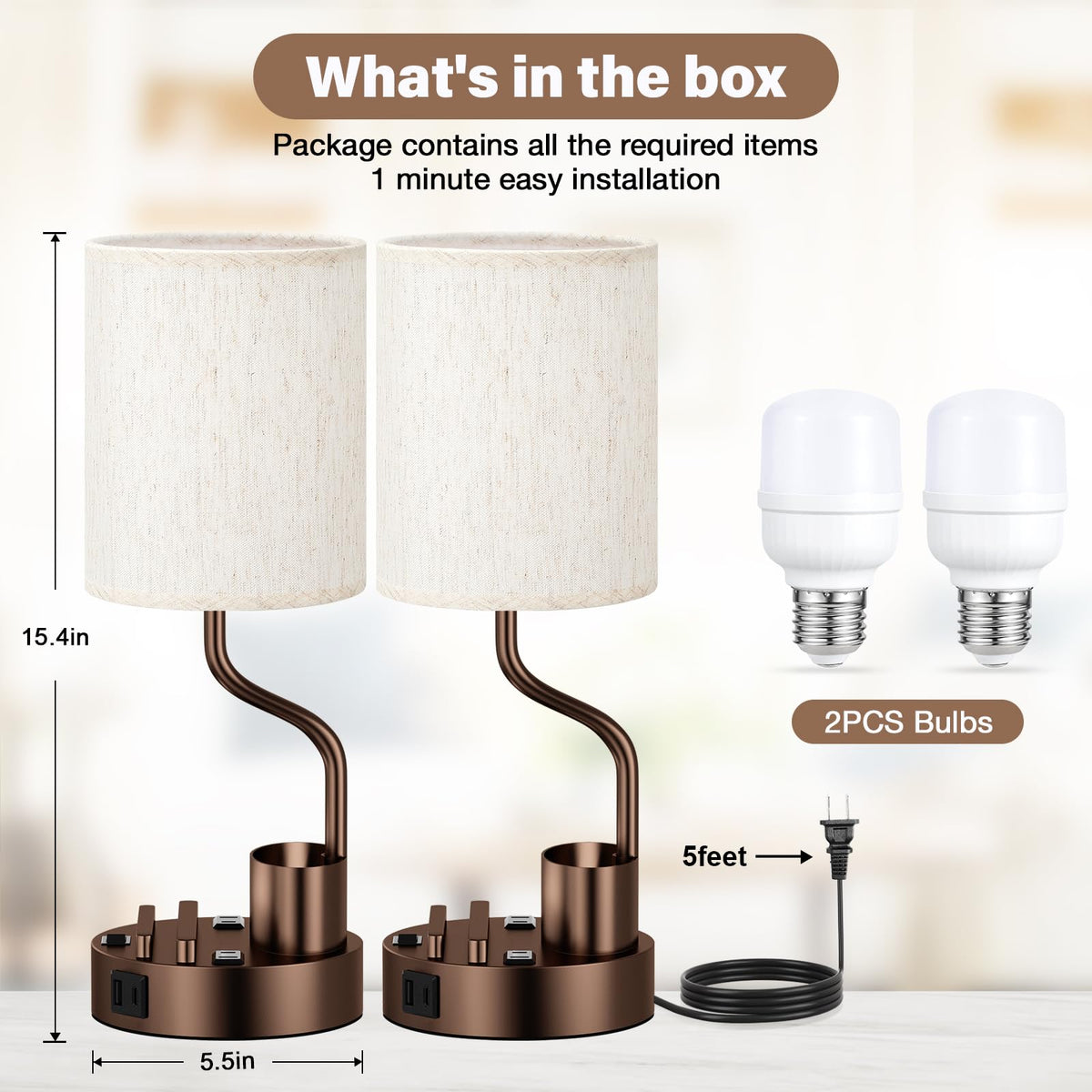 Fenmzee Bedside Lamps for Bedroom Set of 2 - Table Desk Lamp for Nightstand