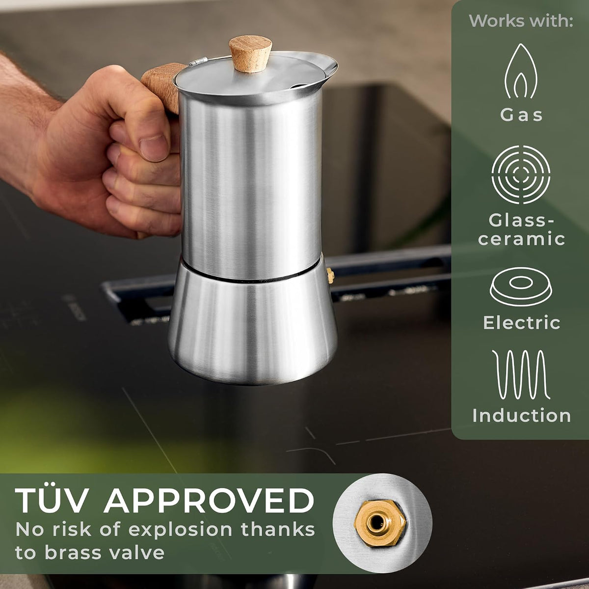 WALDWERK Stainless Steel Moka Pot (10oz) - Toxic Free Moka Pot with Oak Wood Handle - Stovetop Espresso Maker - Italian Coffee Maker for Stovetop and Induction