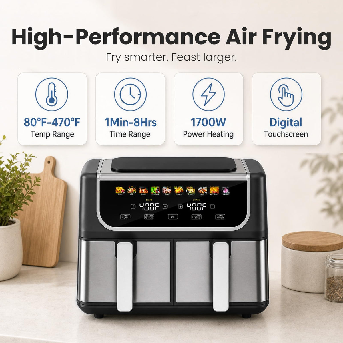 OLIXIS Dual Air Fryers with 2 Baskets 9.5 Quarts Large Airfryer 10-in-1