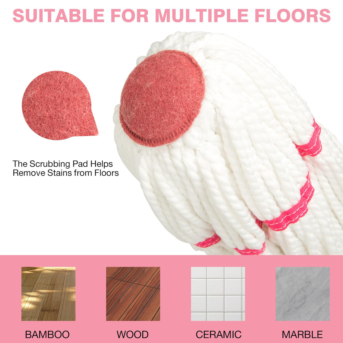 Self-Wringing Twist Mop for Floor Cleaning, 57” Long Handle Heavy Duty Microfiber Mop for Wet Mopping on Tile, Hardwood, Kitchen, Bathroom, Patio, Garage, Commercial Household Clean (Pink)
