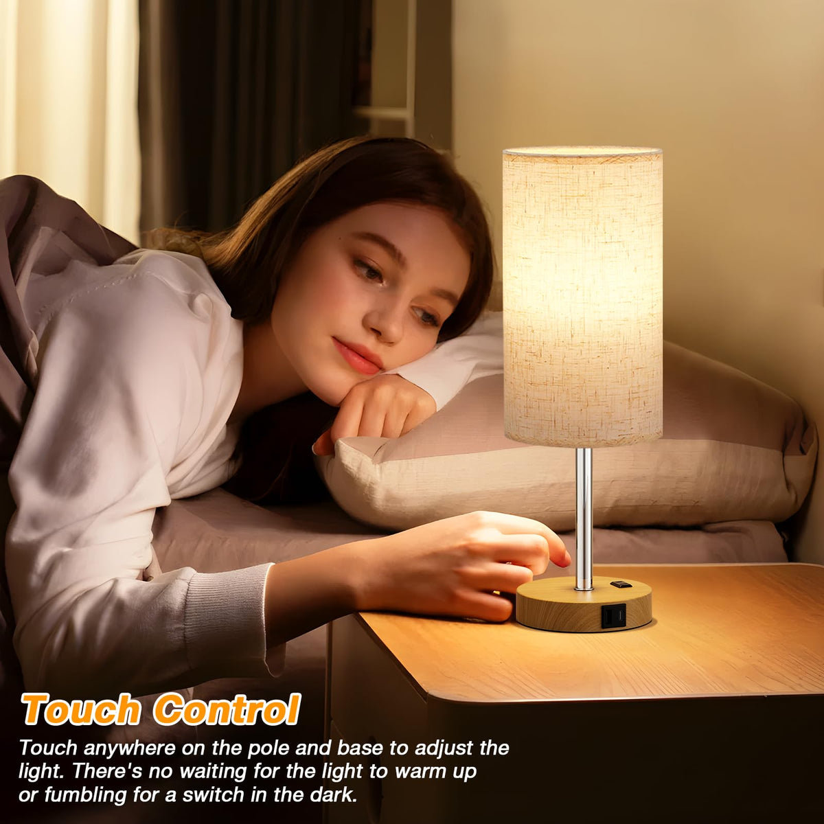 Dicoool Bedside Table Lamp for Bedroom - 3-Way Dimmable Touch Lamp, USB A+C