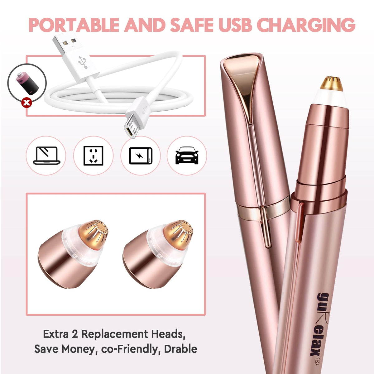 gurelax Eyebrow Hair Remover, Electric Eyebrow Trimmer for Women,Face and Eye Brow Razor with LED Light for Women Rechargeable with 2 x Replacement Heads (White)