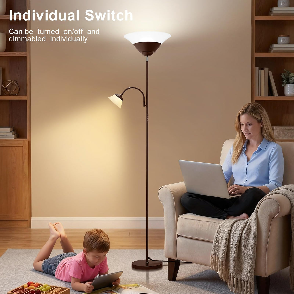 SIBRILLE 2-in-1 Torchiere Floor Lamp, 34W Super Bright LED Standing Lamp with Remote & Touch Control, 72" Dimmable Adjustable Corner Reading Lamp for Living Room, Bedroom, Office, Black