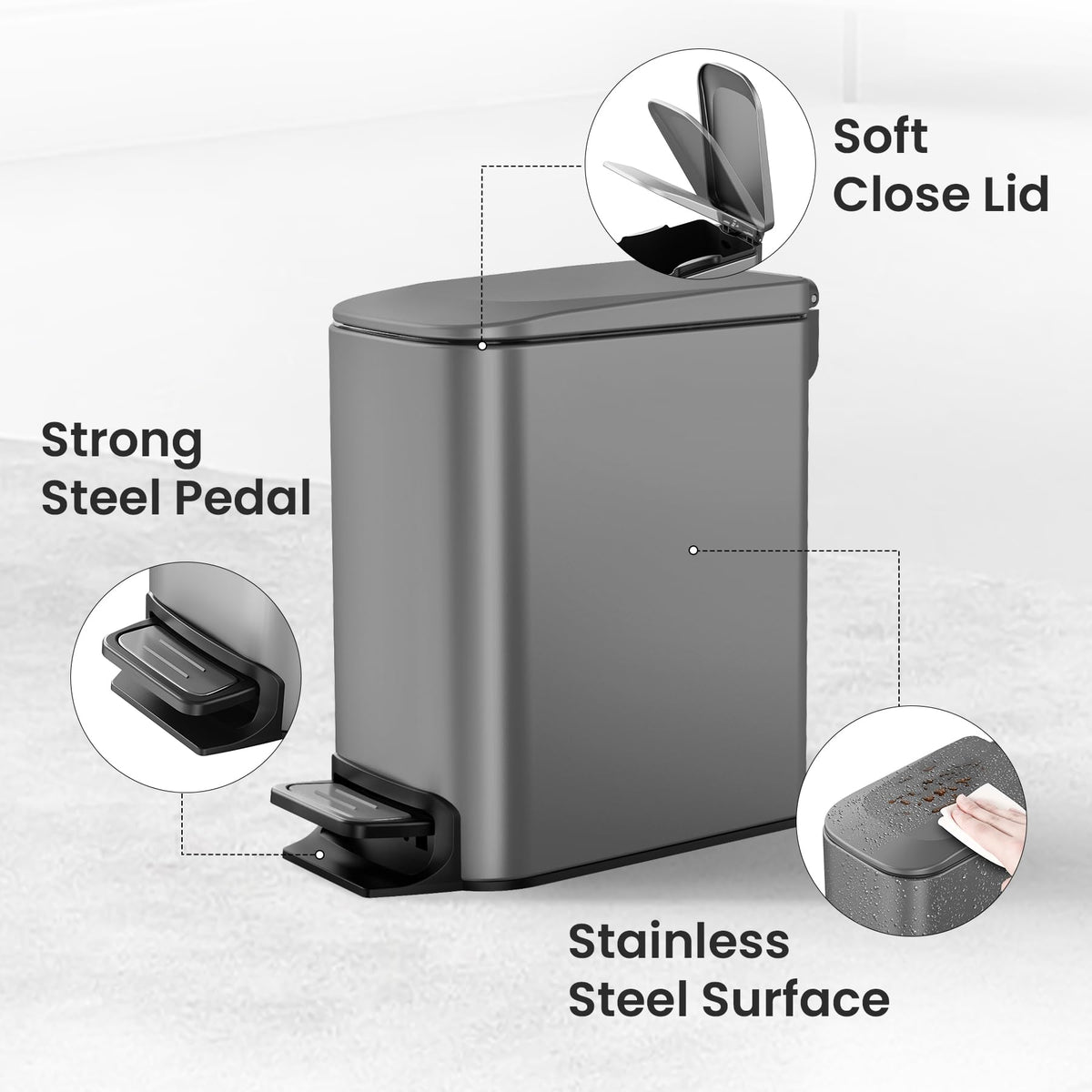 Cesun Small Bathroom Trash Can with Lid, 1.6 Gal, Soft Close, Matte Black