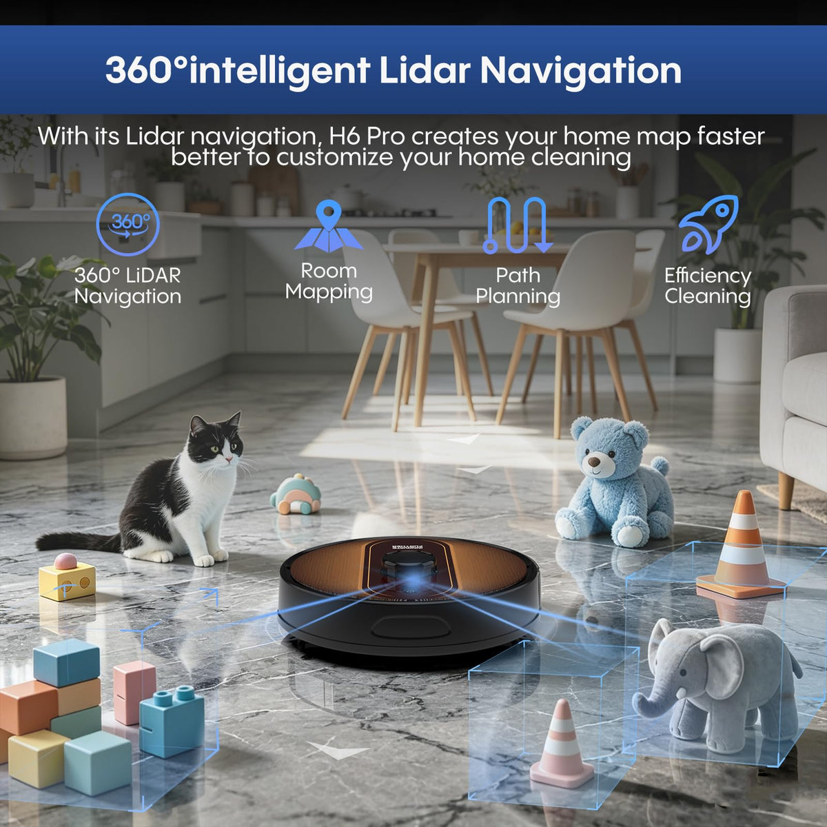 Robot Vacuum and Mop Combo, 6000Pa Powerful Suction, LiDAR, Self-Emptying