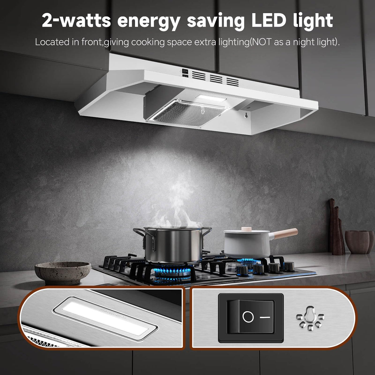 SNDOAS 30 inch Range Hood Ducted/Ductless Convertible Stainless Steel Range Hood Under Cabinet with Rocker Button Control,Vent Hood with LED Light,2 Speed Exhaust Fan,Under Cabinet Hood,Silver