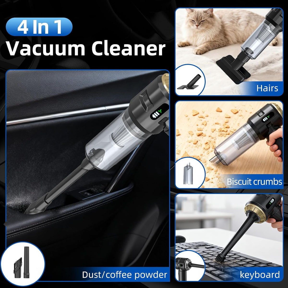 Handheld Car Vacuum Cleaner, 25000PA Strong Cyclonic Suction Portable Mini Vacuum Cordless with Digital Display Lightweight Handheld for Pet Hair, Car, Home, Office, Kitchen(Silver)