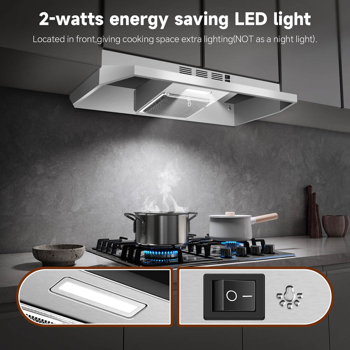 SNDOAS 30 inch Range Hood Ducted/Ductless Convertible Stainless Steel Range Hood Under Cabinet with Rocker Button Control,Vent Hood with LED Light,2 Speed Exhaust Fan,Under Cabinet Hood,Silver