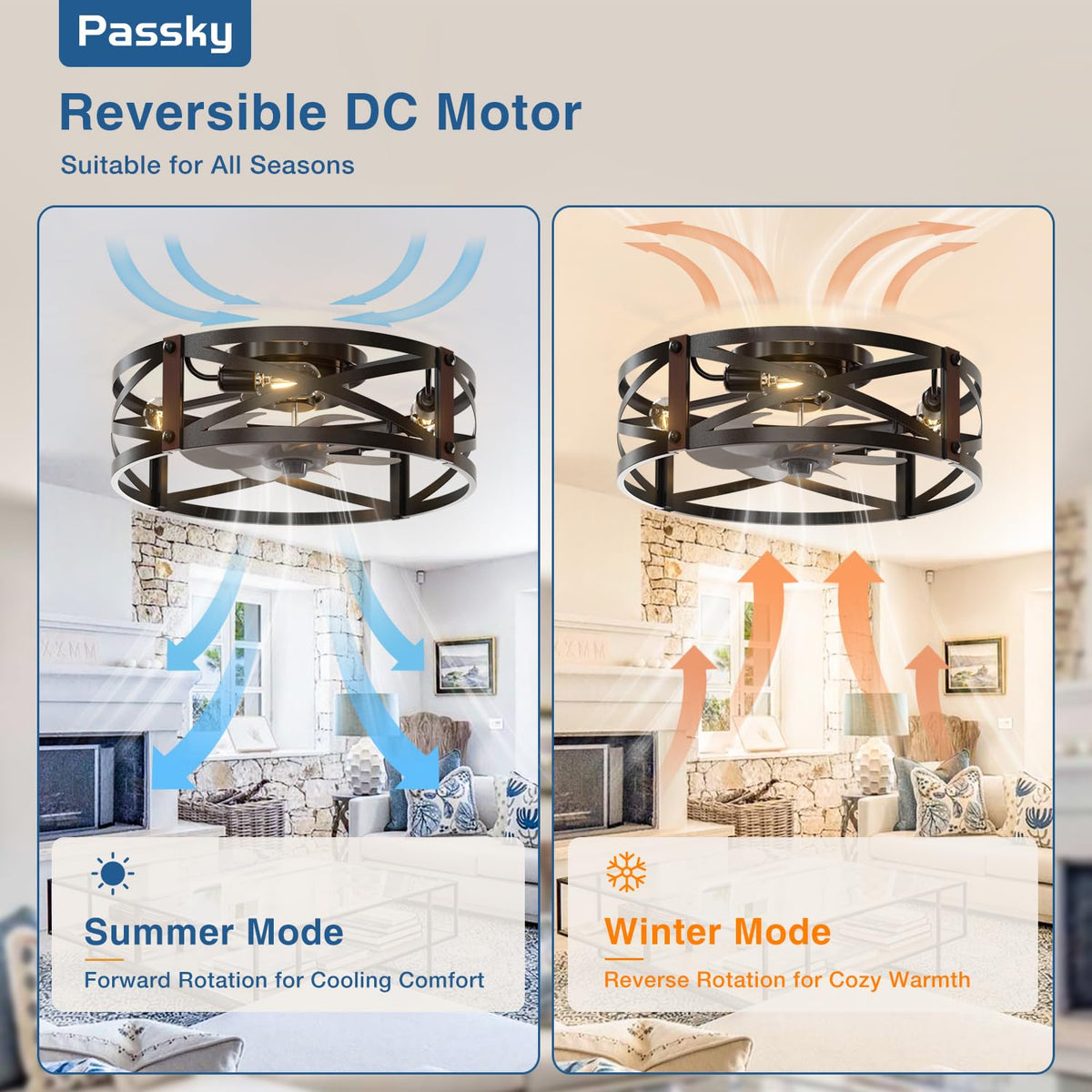 Passky 20" Caged Ceiling Fans with Lights and Remote, Low Profile Fandelier