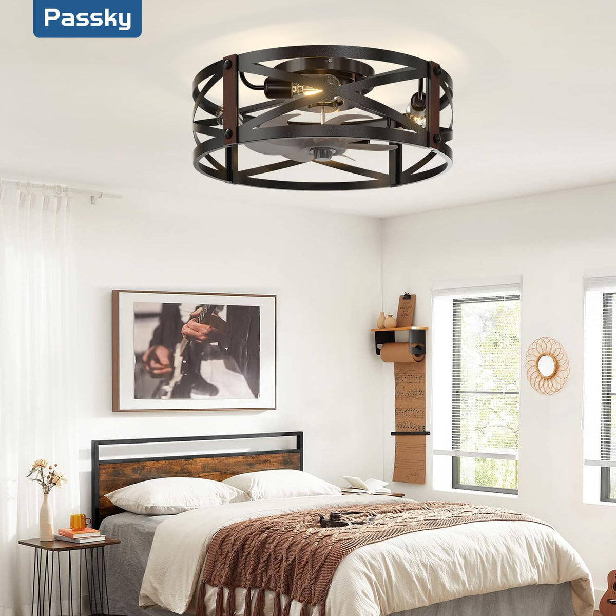 Passky 20" Caged Ceiling Fans with Lights and Remote, Low Profile Fandelier