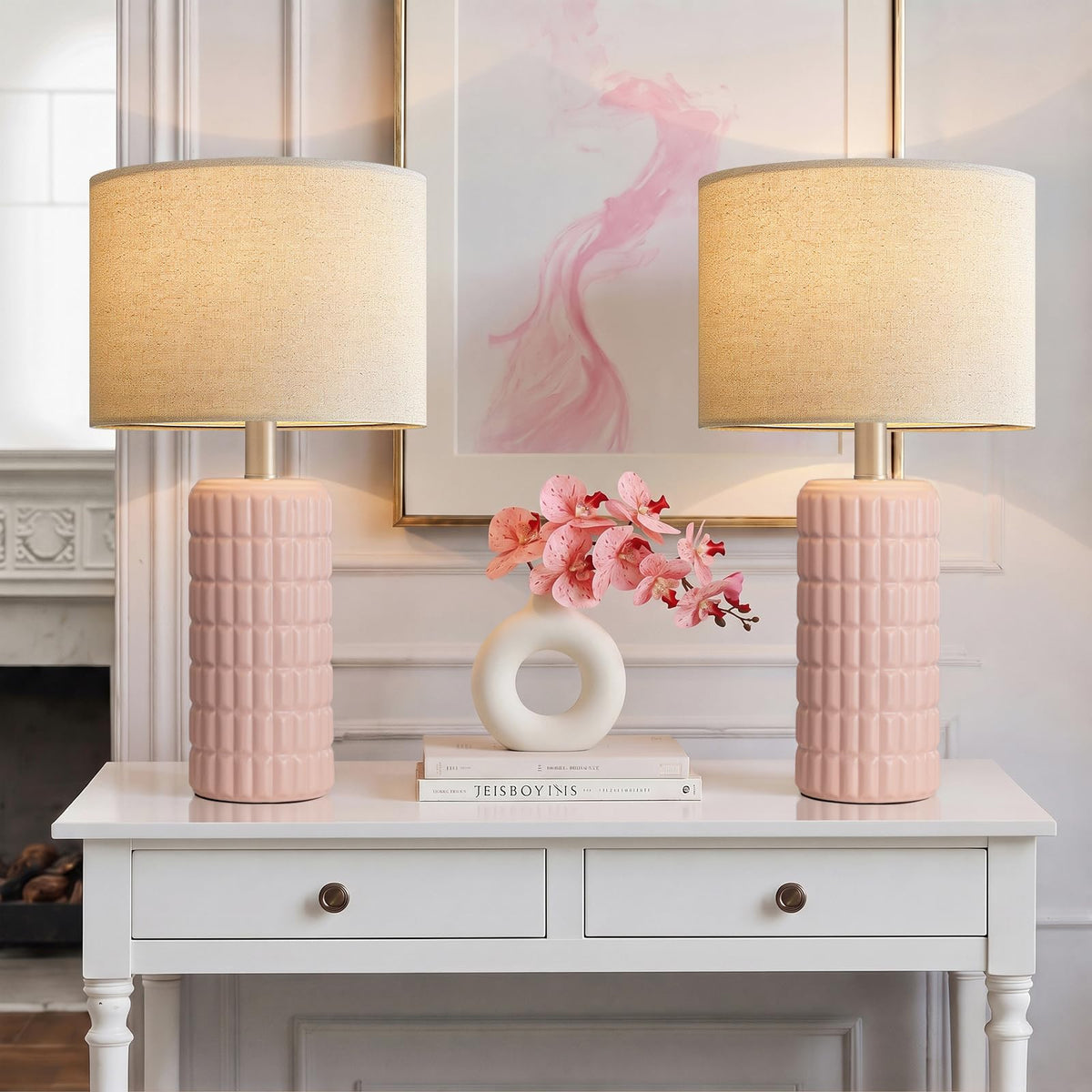 Seealle 23" Modern Ceramic Table Lamps Set of 2, Lamps for Bedroom, White