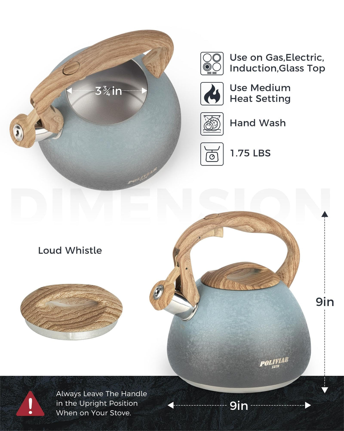 POLIVIAR Tea Kettle, 2.7 Quart Natural Stone Finish with Wood Pattern Handle Loud Whistle Food Grade Stainless Steel Teapot, Anti-Hot Handle and Anti-Rust, Suitable for All Heat Sources (JX2018-GR20)