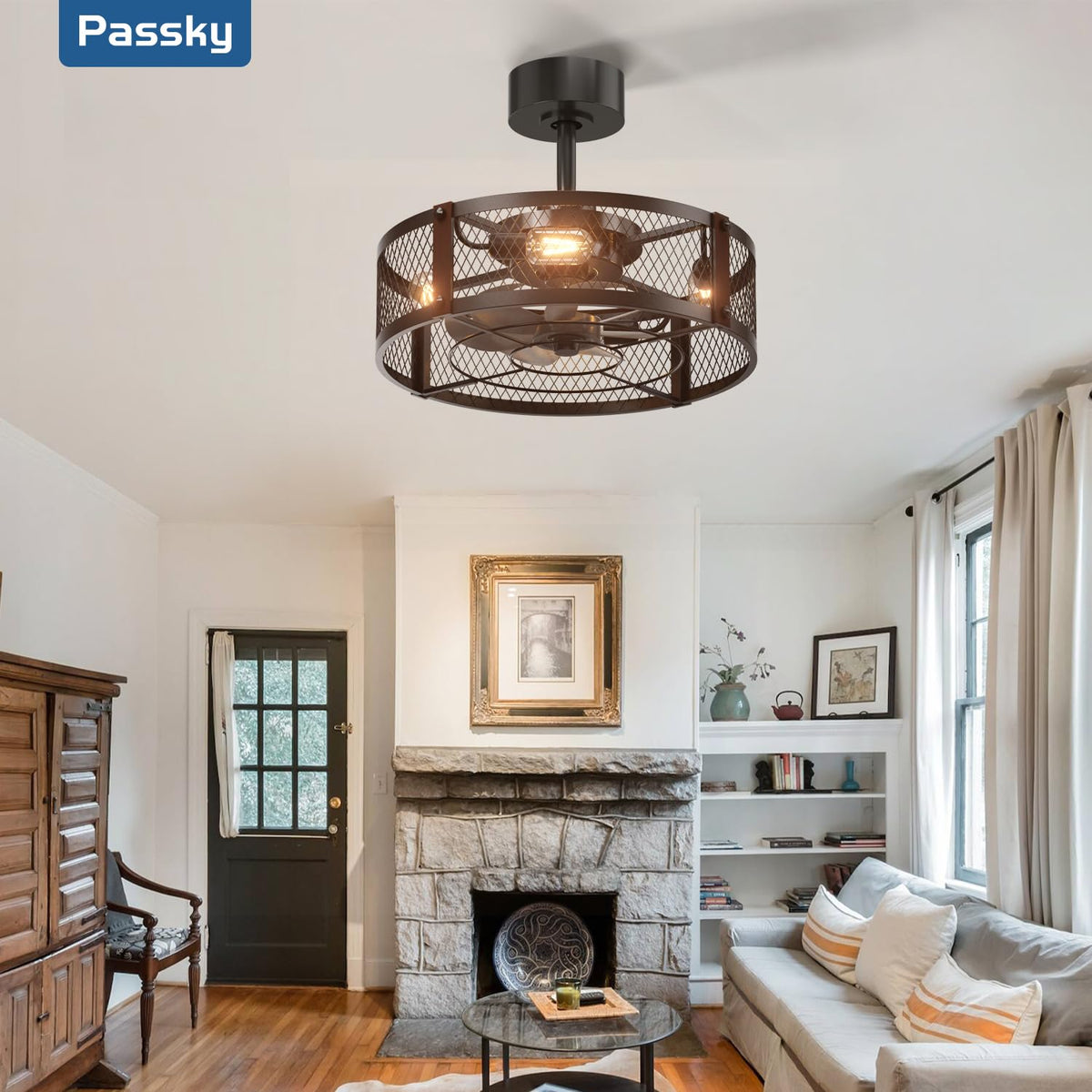 Passky 20" Caged Ceiling Fans with Lights and Remote, Low Profile Fandelier