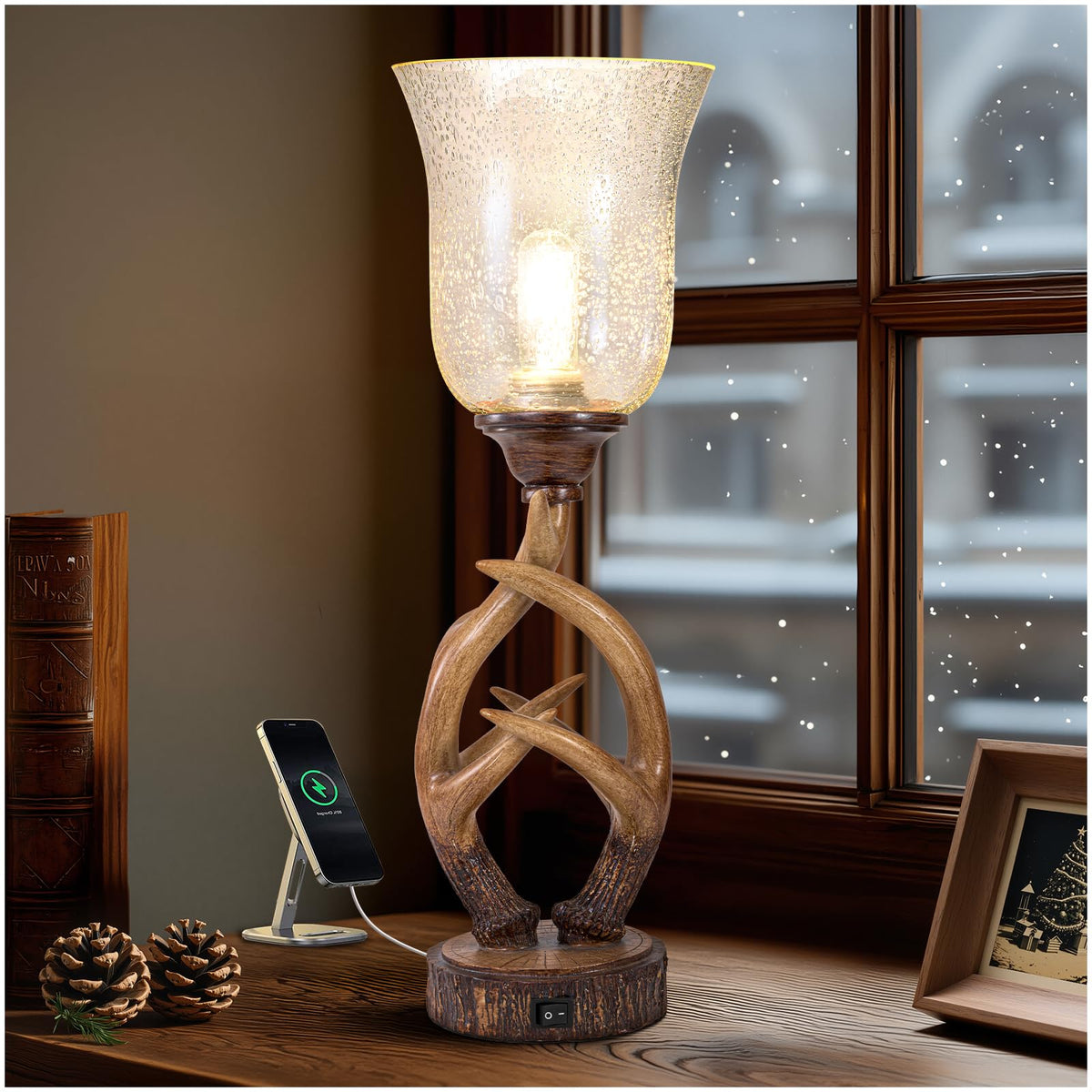 Scenekoy Deer Antler Table Lamp Set of 2 with Nightlight for Living Room