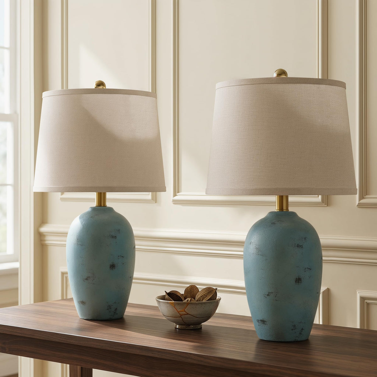 AIEAMPDO 21'' Set of 2 Farmhouse Ceramic Small Table Lamps for Living Room Bedroom, Nightstand Rustic Brown Desk Lamp for Bedside End Table Entryway, 2 LED Bulbs Included