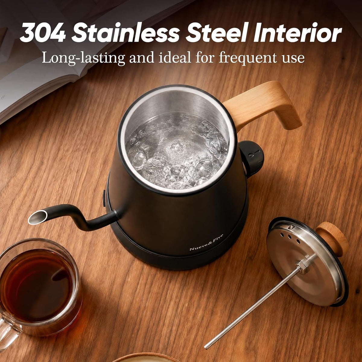 Nueve&Five Electric Gooseneck Kettle with Thermometer, 1.0L Pour Over Hot Water Kettle for Coffee and Tea, 1000W, Auto Shutoff, Boil-Dry Protection, Matte Black