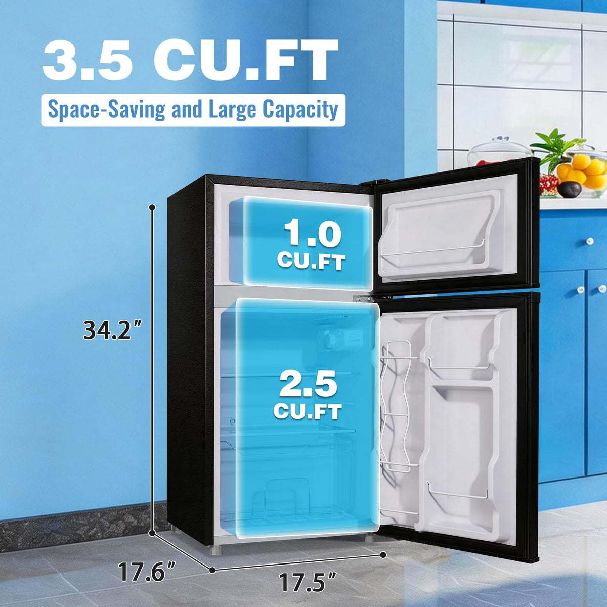 3.5 Cu.Ft Compact Refrigerator Gray, Dual-Door MIni Fridge for Home